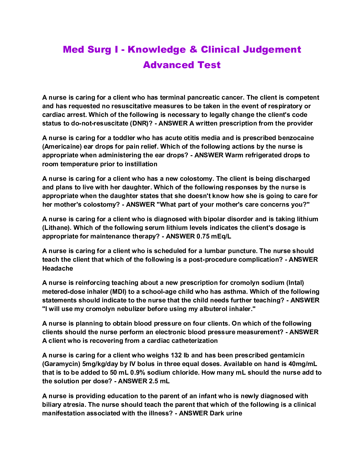 Preview image for Med Surg I - Knowledge & Clinical Judgement Advanced Test